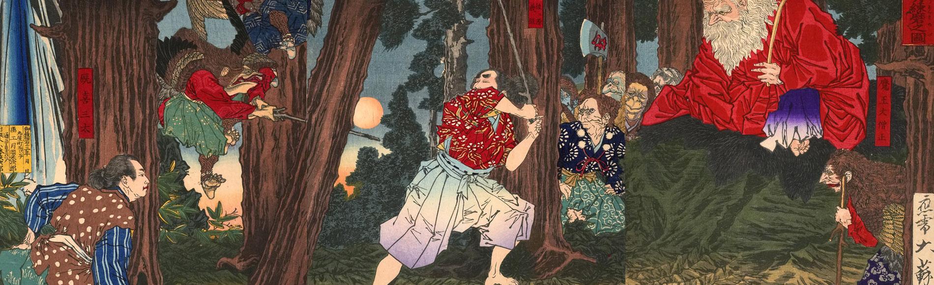Ushiwakamaru Learning Martial Arts from the Tengu King in Mount Kurama by Yoshitoshi