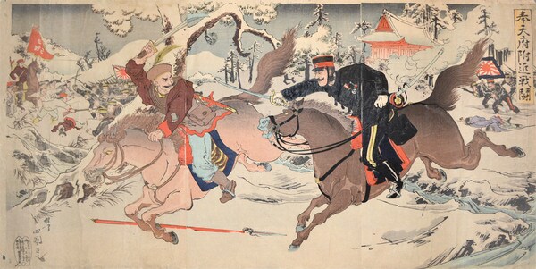 Battle near Mukden by Kokunimasa (aka Kunimasa V), Woodblock Print