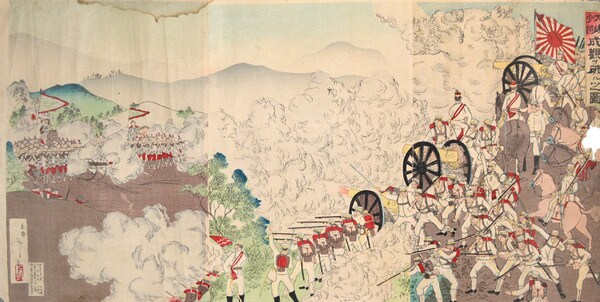 Major General Oshima Defeating the Enemy at Seonghwan (Seikan) by Toshimasa, Woodblock Print
