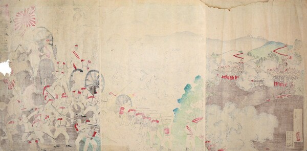 Major General Oshima Defeating the Enemy at Seonghwan (Seikan) by Toshimasa, Woodblock Print