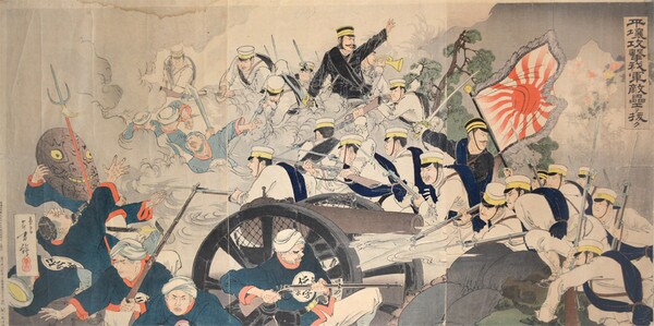 Battle at Pyonyang by Toshikata, Woodblock Print