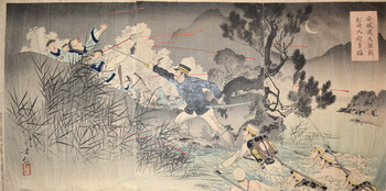 The Bravery of Captain Matsuzaki in the Fierce Fighting at the Ford of Ansong by Toshikata, Woodblock Print