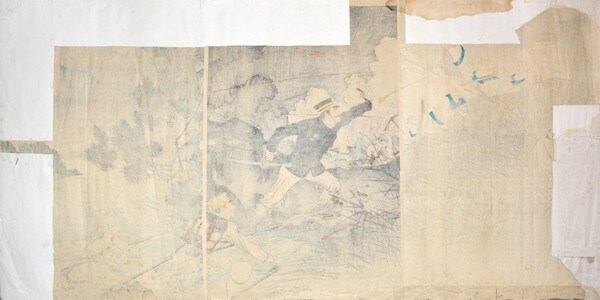 The Bravery of Captain Matsuzaki in the Fierce Fighting at the Ford of Ansong by Toshikata, Woodblock Print