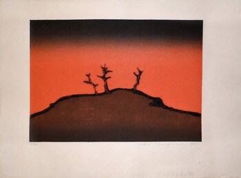 Three Trees on Hill by Miyashita, Tokio, Woodblock Print