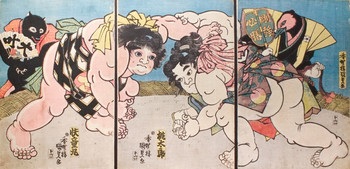 The Great Sumo Wrestling between Momotaro and Kaidomaru by Kunisada, Woodblock Print
