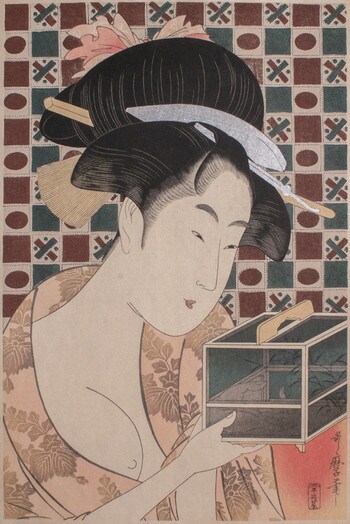 Beauty Holding Insect Cage (Reproduction) by Utamaro, Woodblock Print