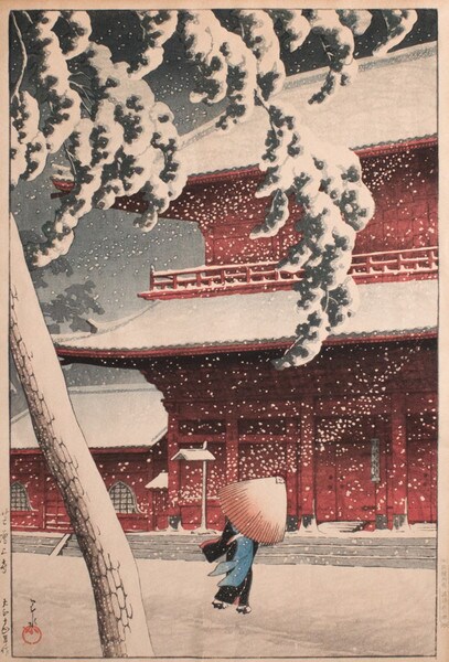 Shiba Zojo Temple in Snow by Hasui, Woodblock Print