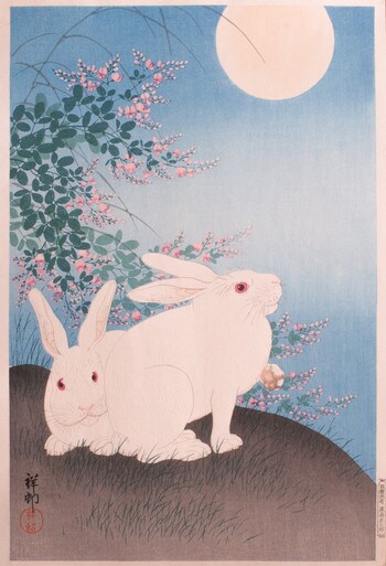 Two Rabbits and Full Moon by Shoson, Woodblock Print