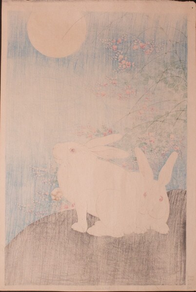 Two Rabbits and Full Moon by Shoson, Woodblock Print