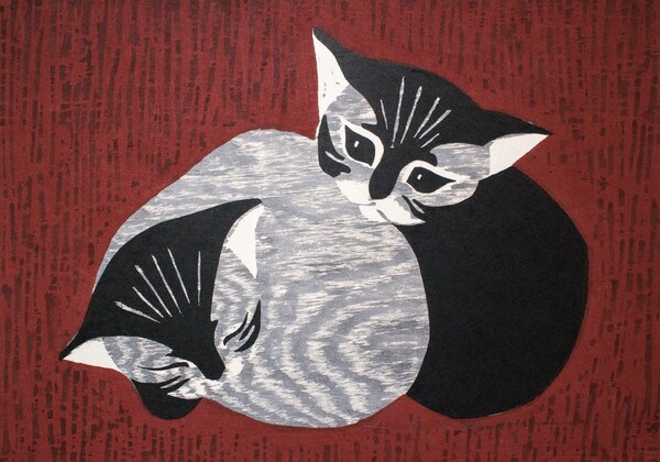 Two Kittens by Kawano, Kaoru, Woodblock Print