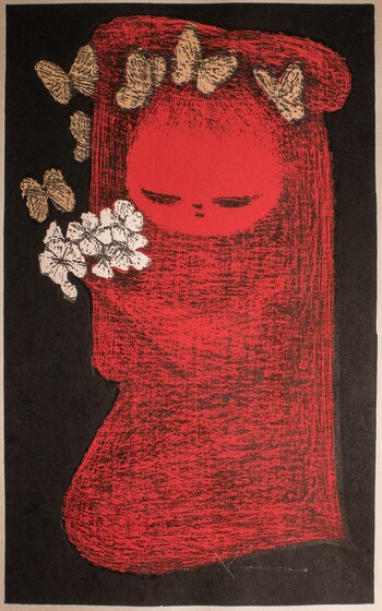 Girl and Butterflies by Kawano, Kaoru, Woodblock Print