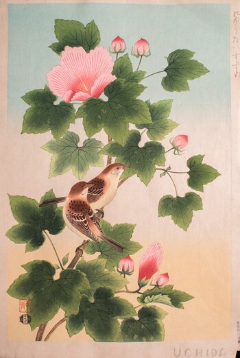 Cotton Rose and Sparrows by Ashikaga, Shizuo, Woodblock Print