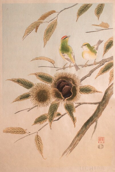 Rubycrowned and Goldencrowned Kinglets and Chestnut by Ashikaga, Shizuo, Woodblock Print