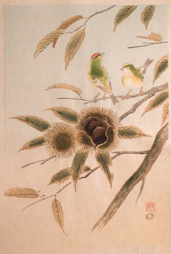Rubycrowned and Goldencrowned Kinglets and Chestnut by Ashikaga, Shizuo, Woodblock Print
