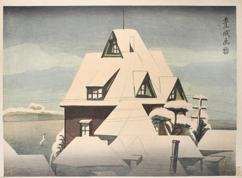 Snowy Rooftops by Toyonari, Woodblock Print