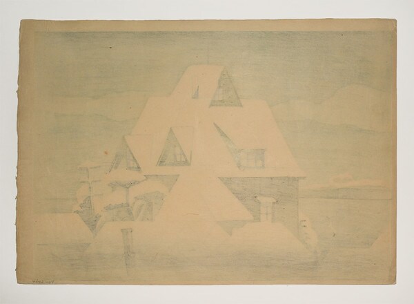 Snowy Rooftops by Toyonari, Woodblock Print