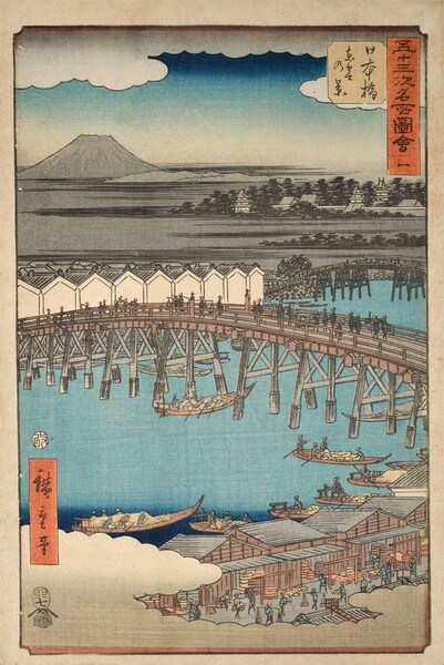 Dawn Clouds at Nihonbashi Bridge by Hiroshige, Woodblock Print