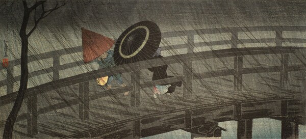 Izumi Bridge in Rain by Shotei (aka Hiroaki), Woodblock Print