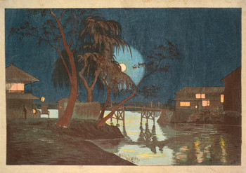 Tea House at Imadobashi in Moonlight by Kiyochika, Woodblock Print