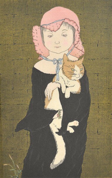 Young Girl Holding Cat by Okamoto, Yoshimi, Woodblock Print