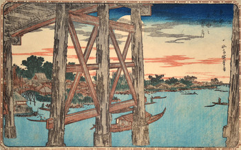 Twilight Moon at Ryogoku Bridge by Hiroshige, Woodblock Print