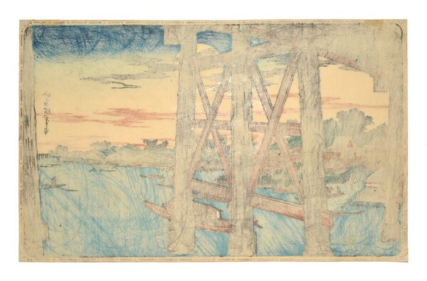 Twilight Moon at Ryogoku Bridge by Hiroshige, Woodblock Print