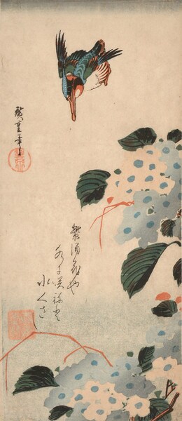 Kingfisher and Hydrangea by Hiroshige, Woodblock Print