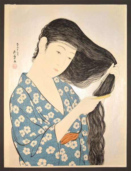 Woman Combing Her Hair by Goyo, Woodblock Print