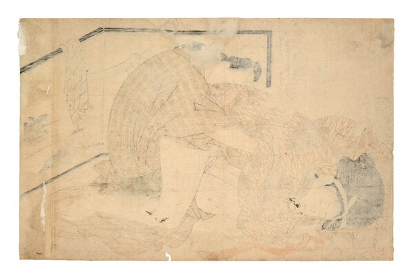 Lovers in Front of a Landscape Screen by Utamaro, Woodblock Print
