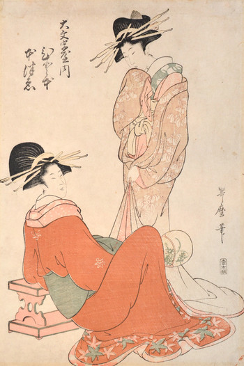 Courtesans Hotomoto and Mototsue from Daimonjiya by Utamaro, Woodblock Print