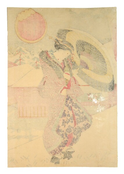 View of Sangen Teahouse in Snow at Fukagawa Hachiman Shrine in Toto (Edo) by Kunisada, Woodblock Print