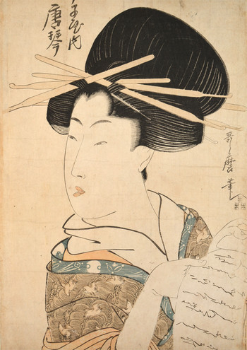 Courtesan Karakoto from Chojiya by Utamaro, Woodblock Print