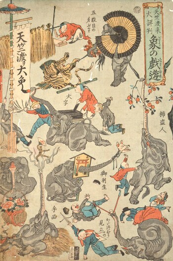 Playful Elephants from India by Kyosai, Woodblock Print