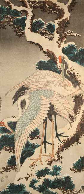 Cranes on Snowcovered Pine Tree by Hokusai, Woodblock Print