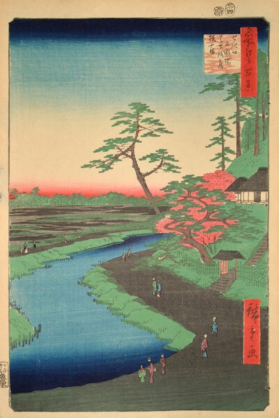 Basho's Hermitage and Camellia Hill at Sekiguchi by Hiroshige, Woodblock Print