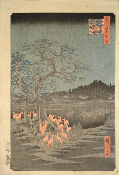 Foxfires on New Year's Eve at the Changing Tree, Oji by Hiroshige, Woodblock Print