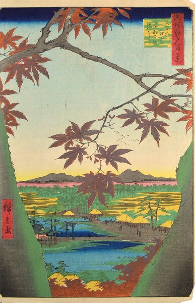 Maple Leaves of Mama at Tekona Shrine by Hiroshige, Woodblock Print