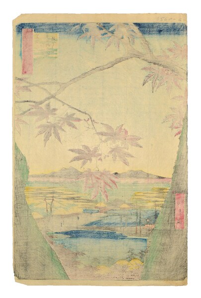 Maple Leaves of Mama at Tekona Shrine by Hiroshige, Woodblock Print