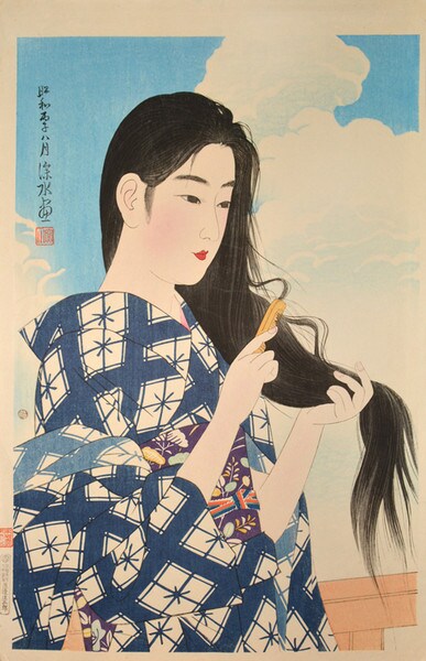 After Washing Her Hair by Shinsui, Woodblock Print
