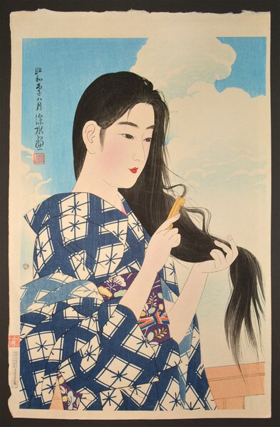 After Washing Her Hair by Shinsui, Woodblock Print
