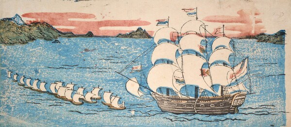 Dutch Ship Entering Nagasaki Bay by Unsigned / Unknown Artist, Woodblock Print