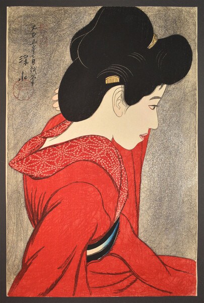 Looking in the Mirror by Shinsui, Woodblock Print