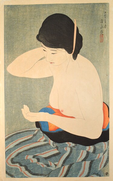A Woman at Her Makeup by Shinsui, Woodblock Print