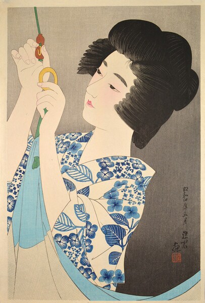 Hanging a Mosquito Net by Shinsui, Woodblock Print