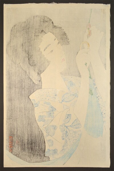Hanging a Mosquito Net by Shinsui, Woodblock Print