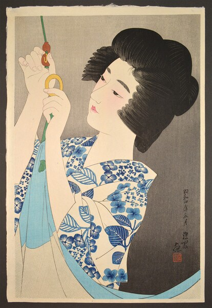 Hanging a Mosquito Net by Shinsui, Woodblock Print