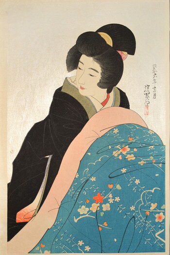 Kotatsu (Charcoal Foot Warmer) by Shinsui, Woodblock Print