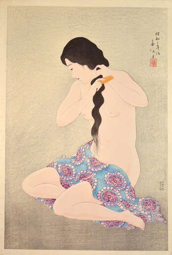 Combing Her Hair by Natori, Shunsen, Woodblock Print