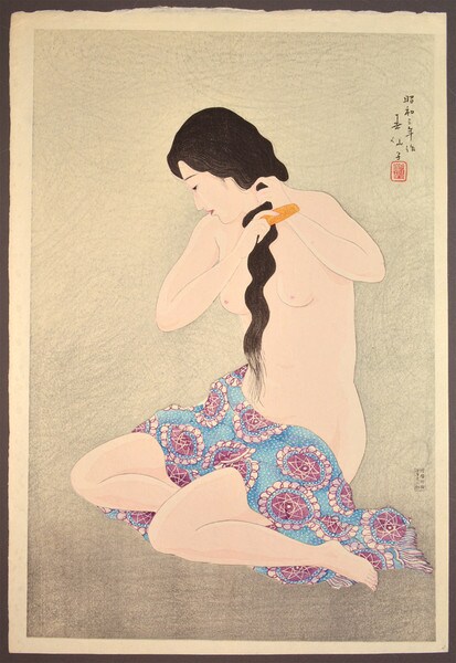 Combing Her Hair by Natori, Shunsen, Woodblock Print