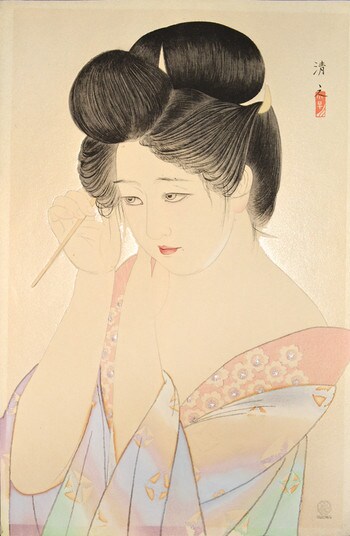 Dressing Her Hair by Kiyoshi, Woodblock Print